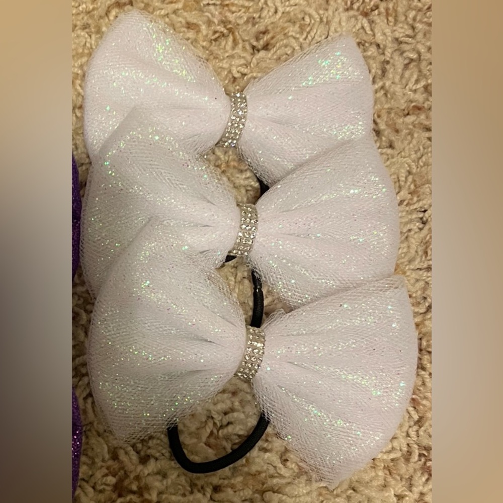 Custome handmade gymnastics tulle bows. Glitter White.